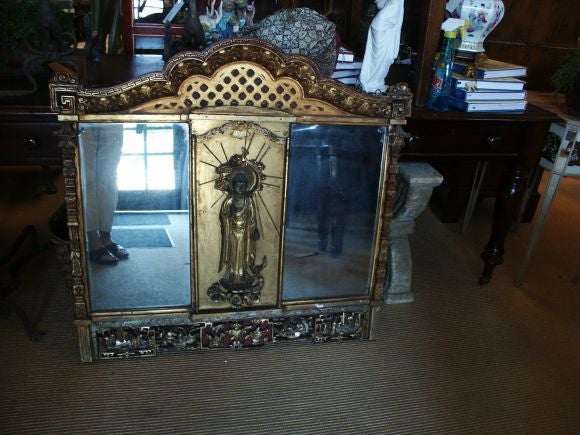 Beautiful 19th C Giltwood Asian Mirror with Shaka Nyoria