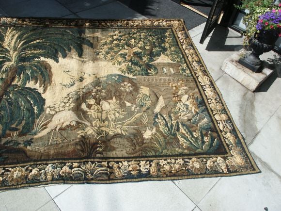 Beautiful large antique tapestry with pagoda structure, birds, and palm trees.  This textile would look great in a Tuscan, French, or Spanish Med  Home.