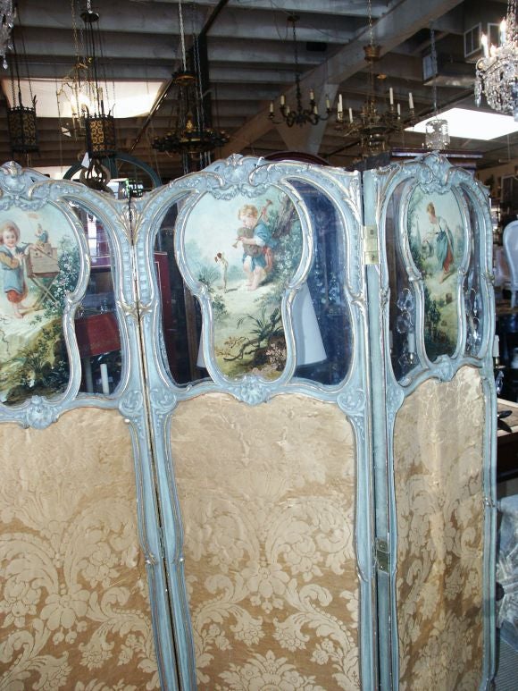 Silk 19th C French Regence Style Screen With Paintings