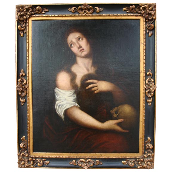 Large Oil On Canvas Painting Of A Woman Holding A Scull For Sale