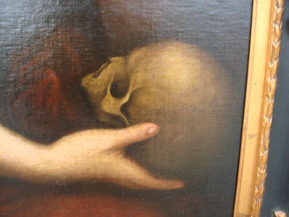 Unknown Large Oil On Canvas Painting Of A Woman Holding A Scull For Sale