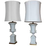 Pair of White Porcelain with White Enamel Urn Lamps
