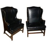 Pair of Black Leather Wing Chairs by Kittinger