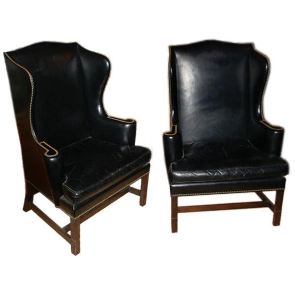 Pair of Black Leather Wing Chairs by Kittinger at 1stDibs