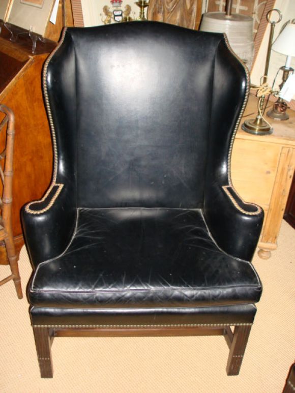 Pair of Black Leather Wing Chairs by Kittinger