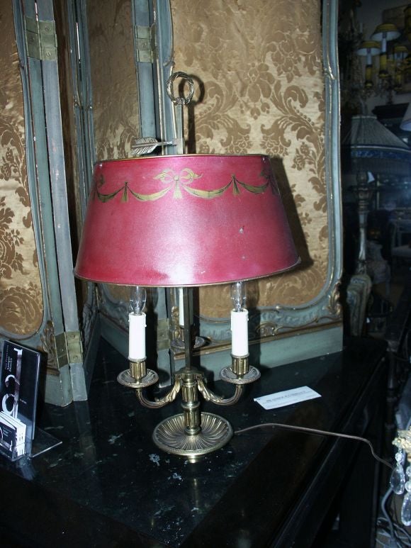 Vintage Red Tole and Bronze Bouillotte Lamp