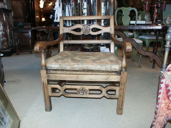 Antique Fruitwood Arm Chair with Rush Seat  & Textile