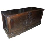 Antique Early  Coffer With Iron Straps and Carved Surfaces