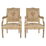 Beautiful Pair of French Giltwood & Aubusson Arm Chairs