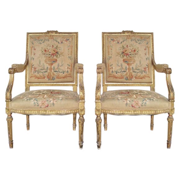 Beautiful Pair of French Giltwood & Aubusson Arm Chairs