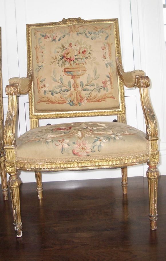19th Century Beautiful Pair of French Giltwood & Aubusson Arm Chairs