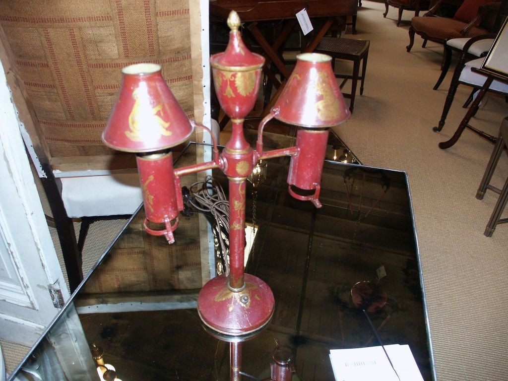 19thC Red Tole  Lamp