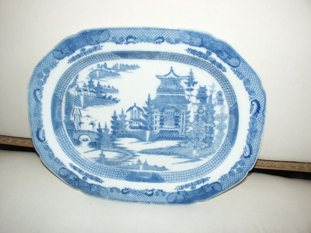 Ealry 19thC English Blue and White Platter with Pagoda