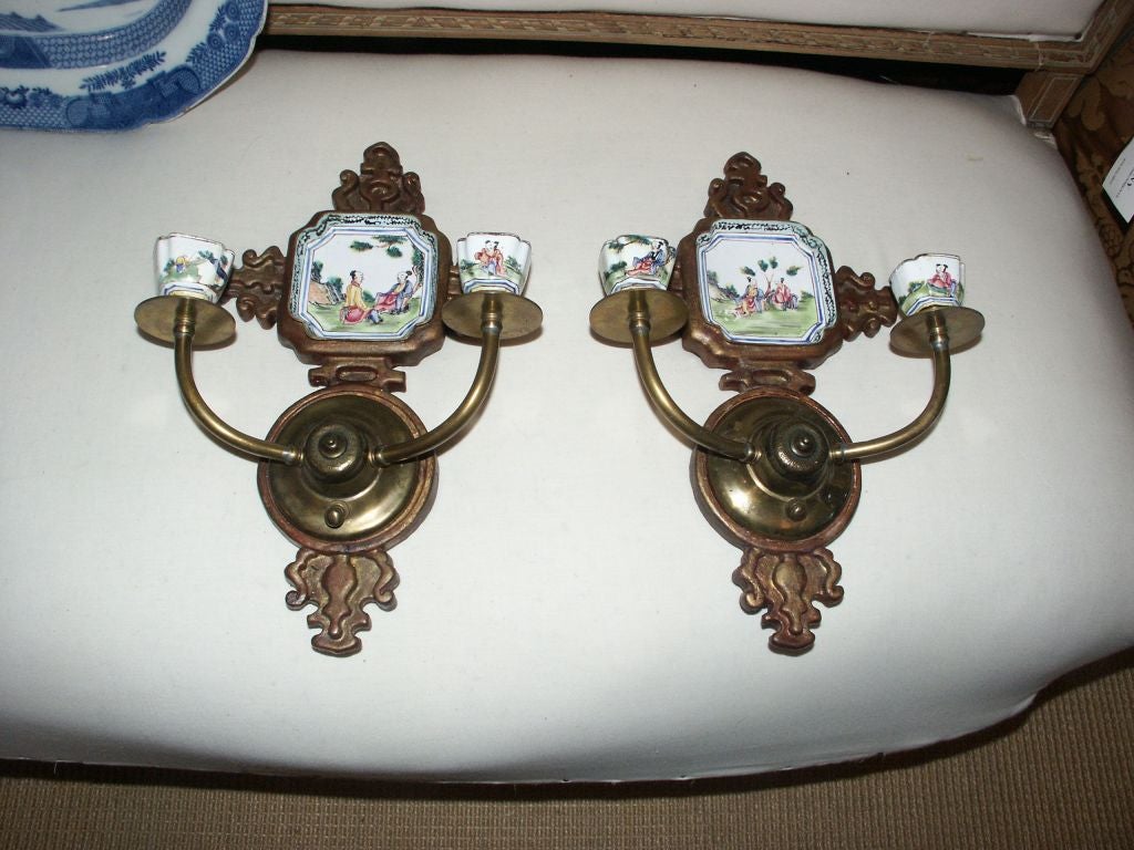 Pair of Canton Enamel Wall Sconces