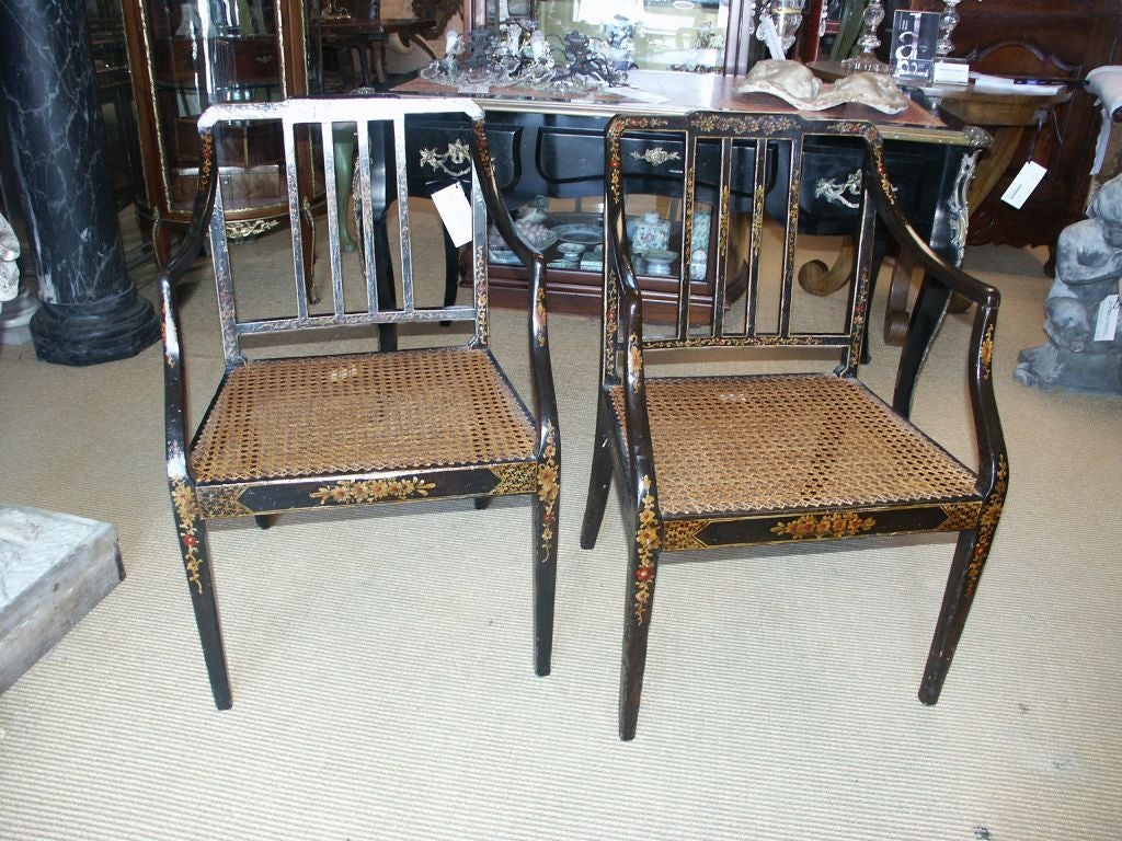 18th Century and Earlier Pair of English Regency Arm Chairs Chinoiserie Painted For Sale