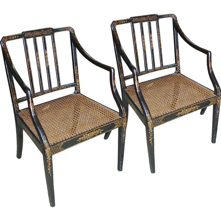 Pair of English Regency Arm Chairs Chinoiserie Painted For Sale