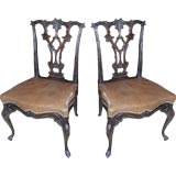 Pair of Brown Leather Chippendale Style Side Chairs