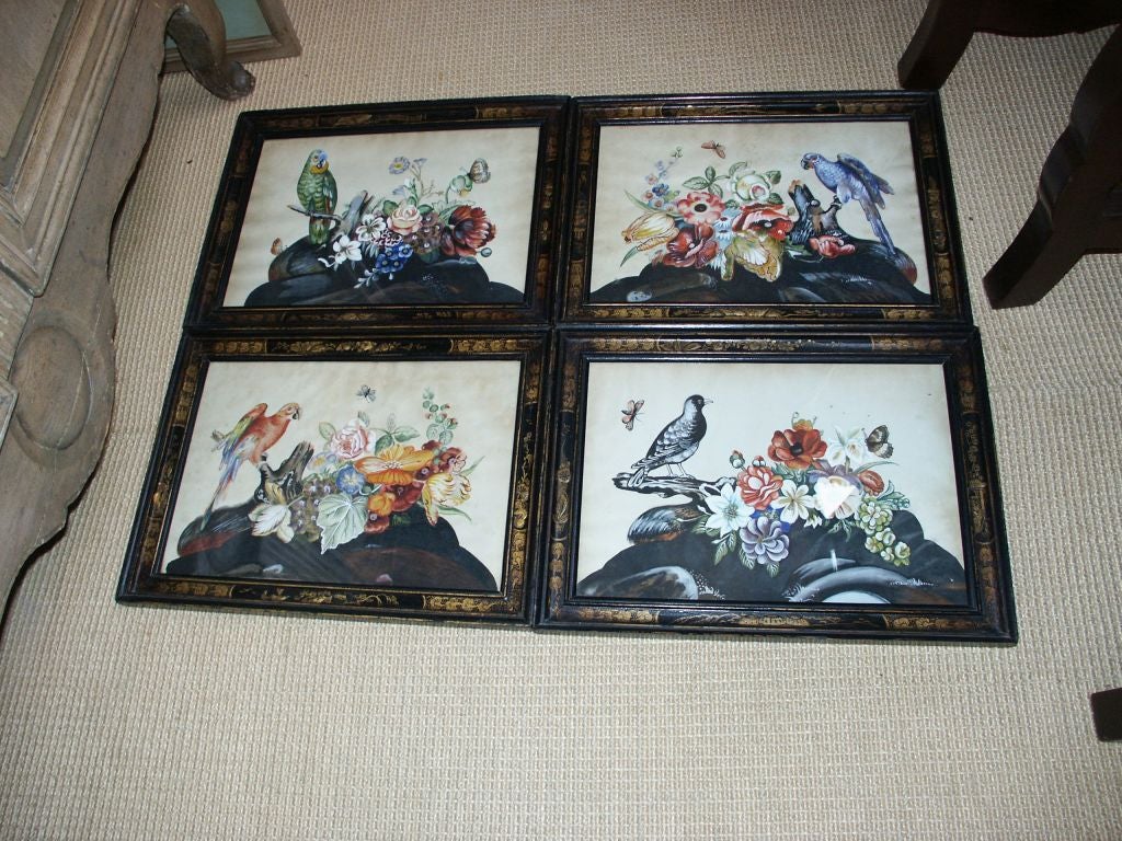 Classic set of four Chinese export water color bird paintings with period Chinoiserie frames.