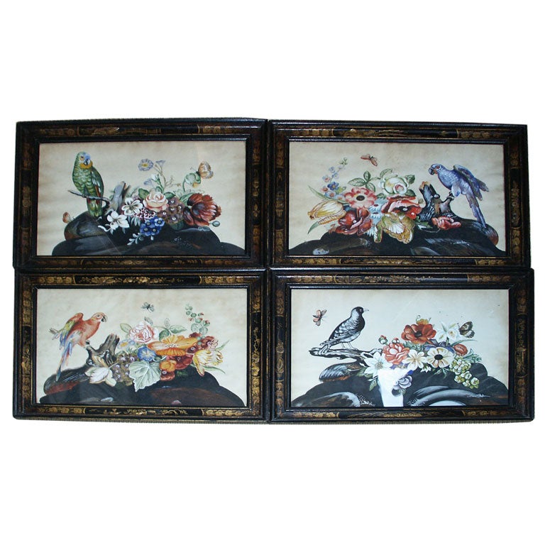 Set of Four Chinese Export Water Colors Of Birds For Sale