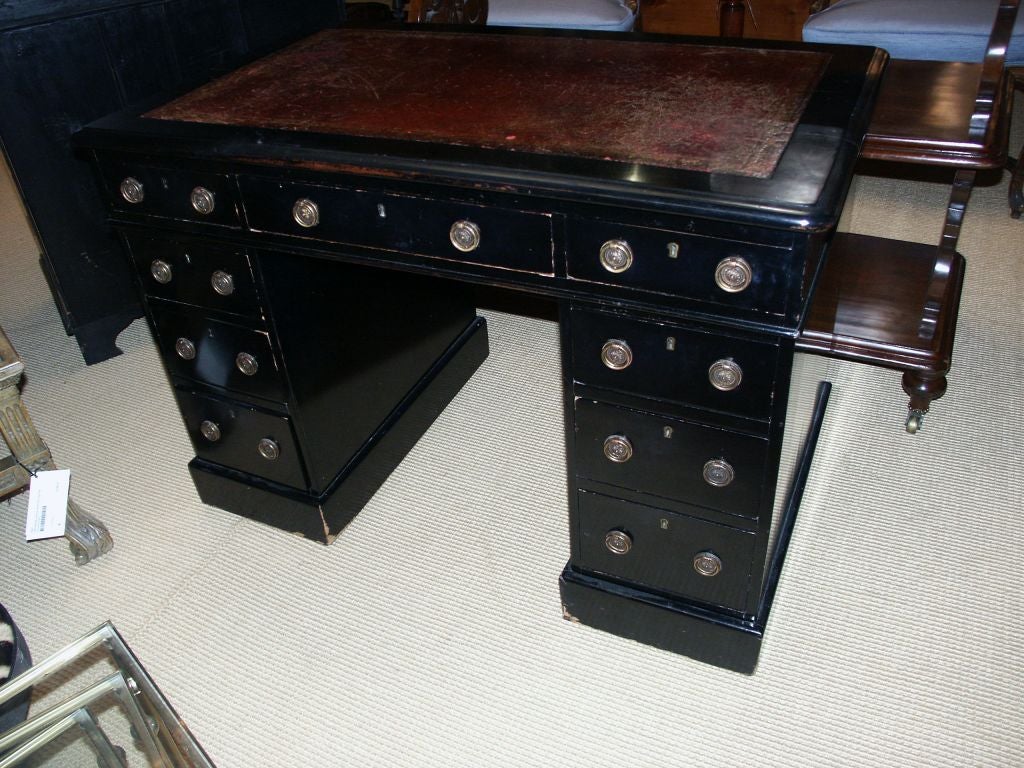 Ebonized English Pedestal Desk with leather top