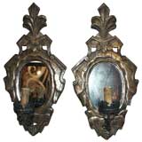Pair of Italian Silver-Giltwood Mirrored Wall Sconces With Iron