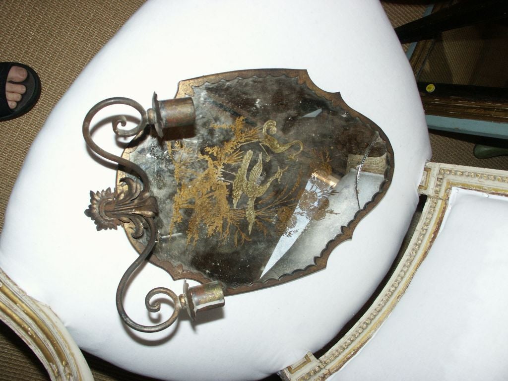 French Mirror Backed Gilt Iron Wall Sconces For Sale