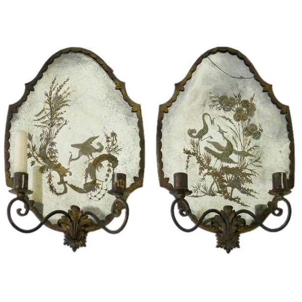 Mirror Backed Gilt Iron Wall Sconces For Sale