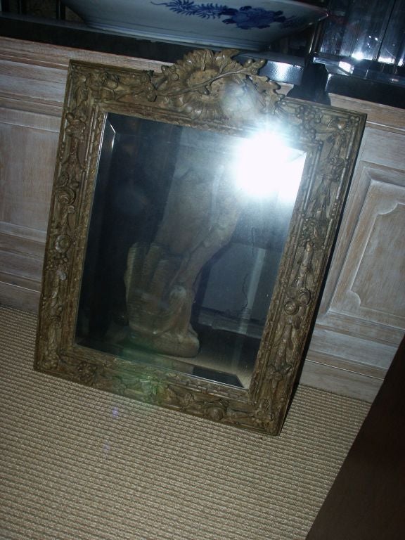 Unusual Fine Small Carved Wood Mirror With Sun Flower