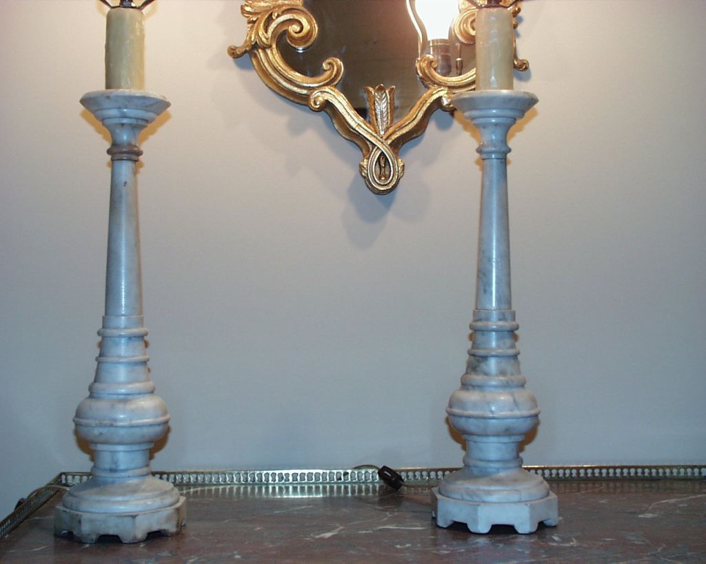 Pair Marble Prickett Candlestick Lamps