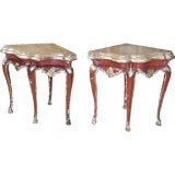 Pair Red Lacquer and Parcel Gilt Marble Top  Corner Tables