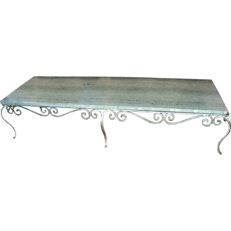 Scrolling Silvered Iron Coffee Table With Marble Top For Sale