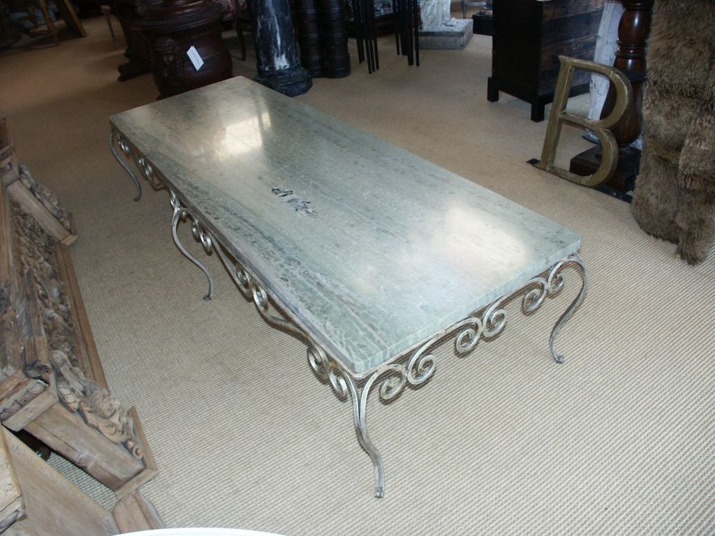 20th Century Scrolling Silvered Iron Coffee Table With Marble Top For Sale