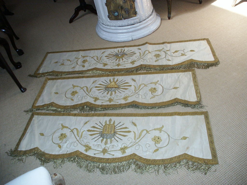 Set of Three Silk with Gold Metalic Embroidered Alter Clothes, See photos for emboridery details. Could be used for Window Valances or made into handsome pillows.