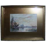 19th C Italian Water Color of Harbor