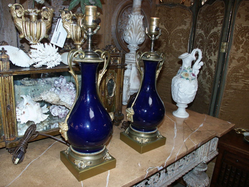 19th C Pair of Cobalt Blue and Bronze Lamps