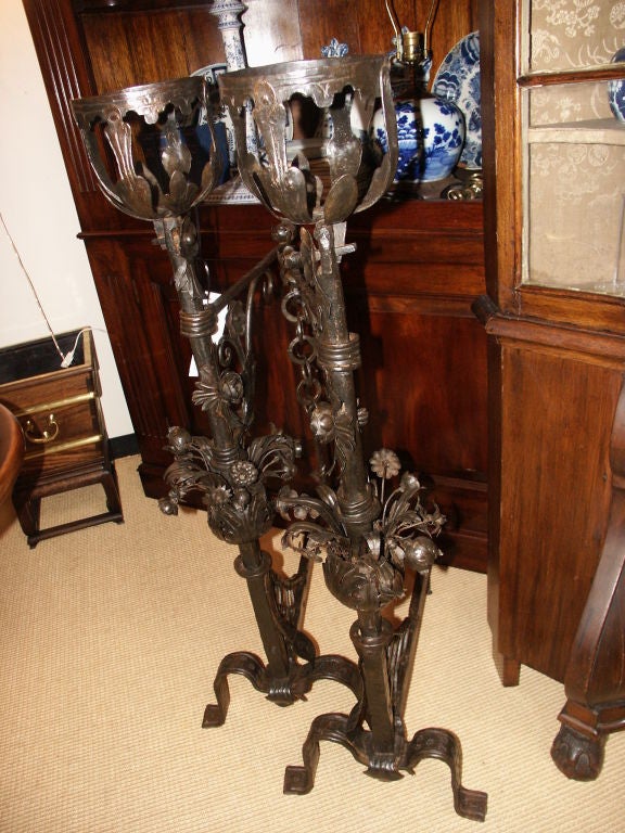 Large Ornate Wrought Iron Andirons