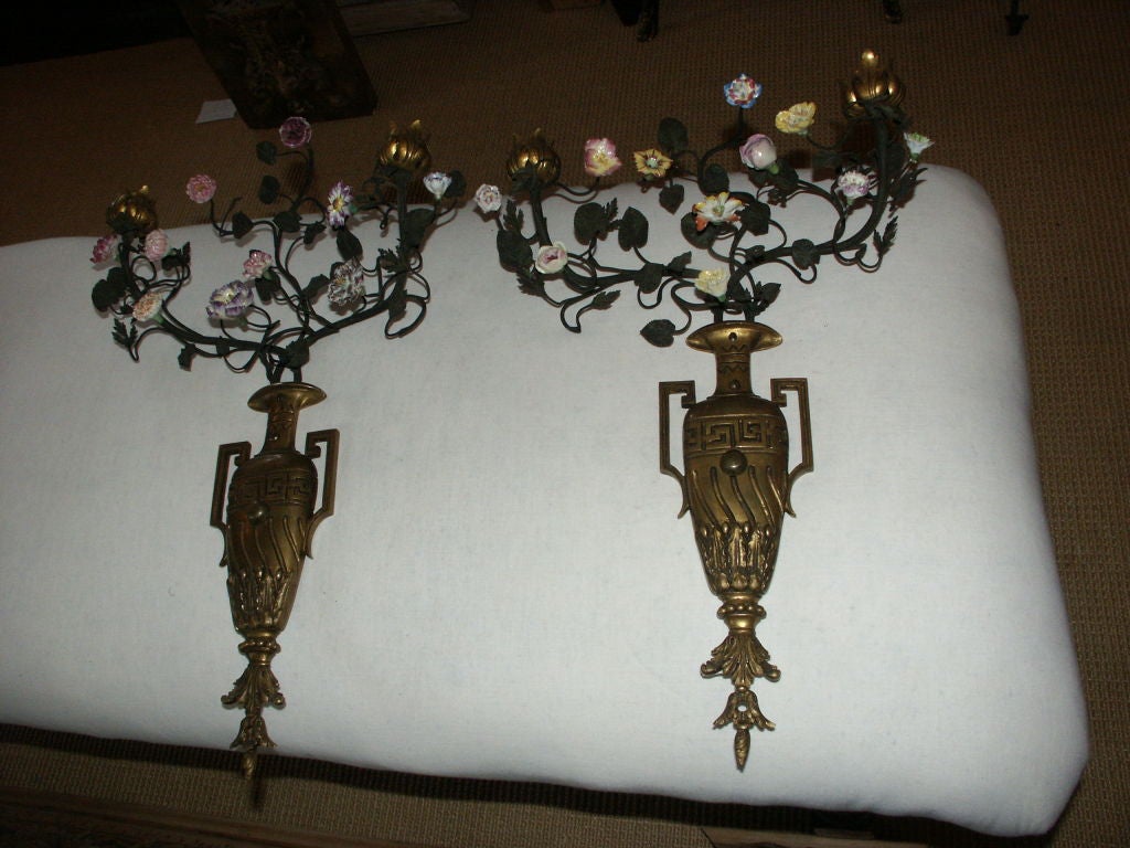 Pair of Bronze and Porcelain Wall Sconces
