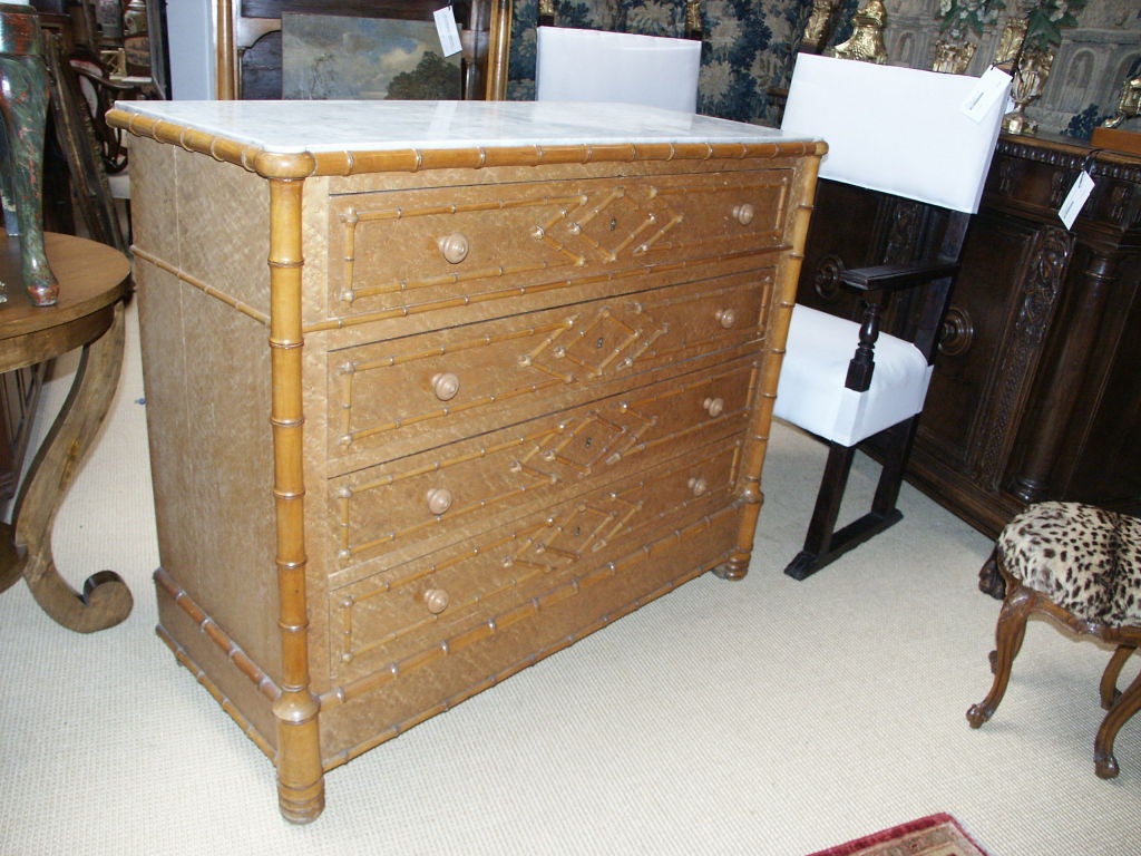 American Large Faux Bamboo Birds Eye Maple and Marble Dresser