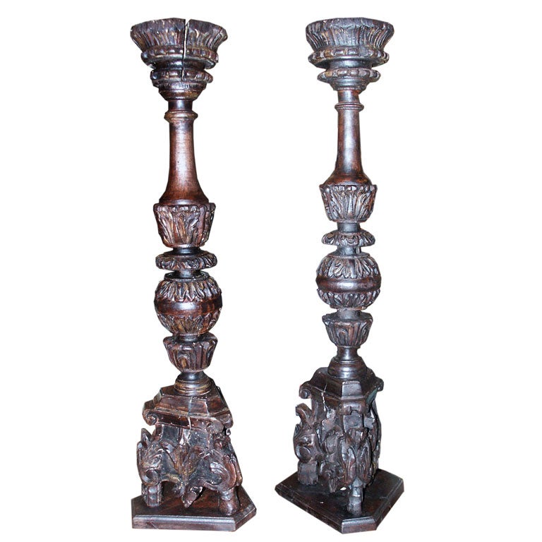 Pair of Carved Wood Italian Baroque Candlesticks