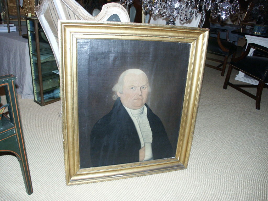 Portrait of a New England Male from about 1810.  John Brewster, Jr (1766-1854) was a well known deaf-mute itenerant painter who specialized in portraits of well off New England Families.  This is signed in graphite along the back top stretcher bar.