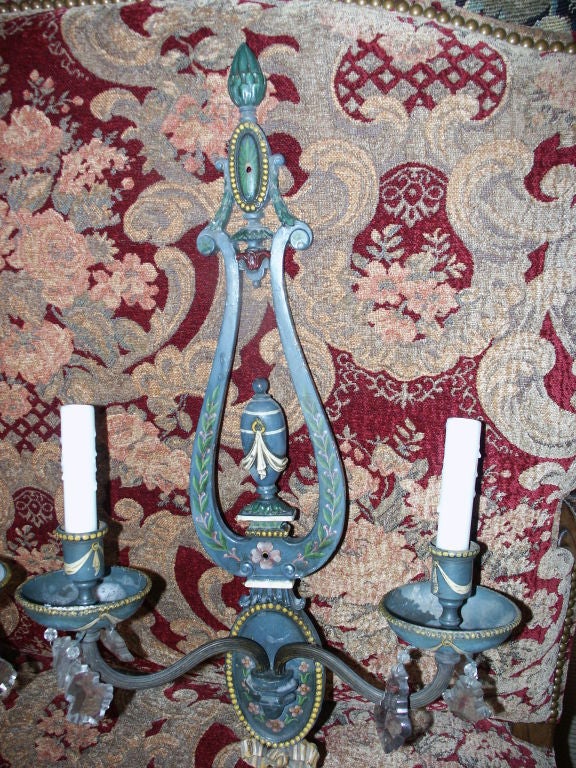 Pair of Painted Tole Two Light Wall Sconces With Crystals