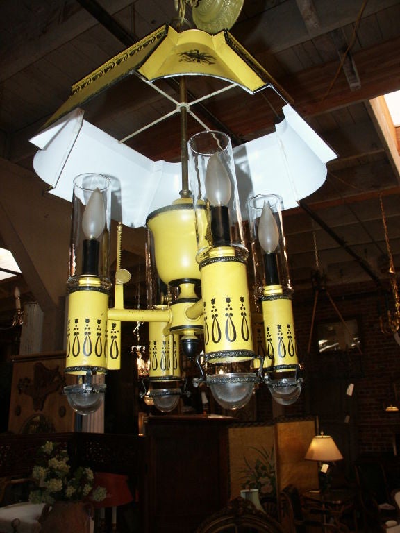 Tôle Yellow Tole Lantern with Glass Globes French Empire Style For Sale