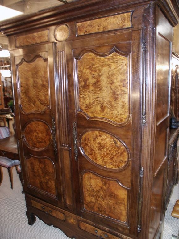 Louis XV  Provincial Walnut, Cherry and Loupe de Chene Armoire