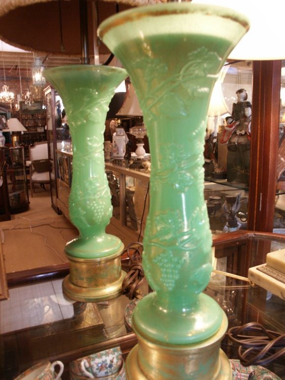 French Green Opaline Glass Lamps