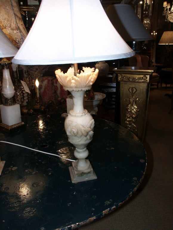 English Pair of Alabaster Floral Urn Lamps