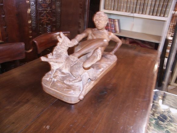 Terracotta Sculpture of Boy with Fox by E.Robert