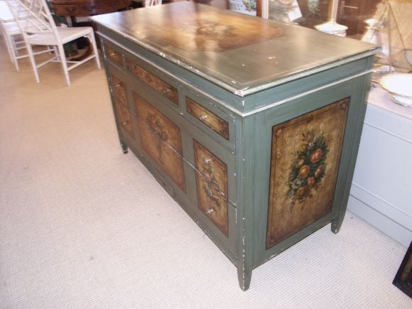 Vintage green and floral painted dresser with mirror.