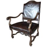 19th C Louis XIV Style Brown Leather Walnut  Chair