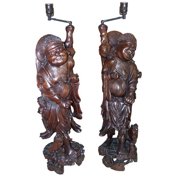 Antique Carved Asian Figure Lamps