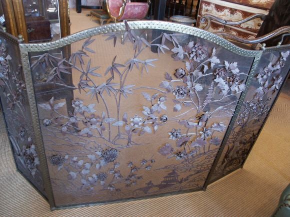 Brass Fire Screen With Applied Asian Motif In Iron
